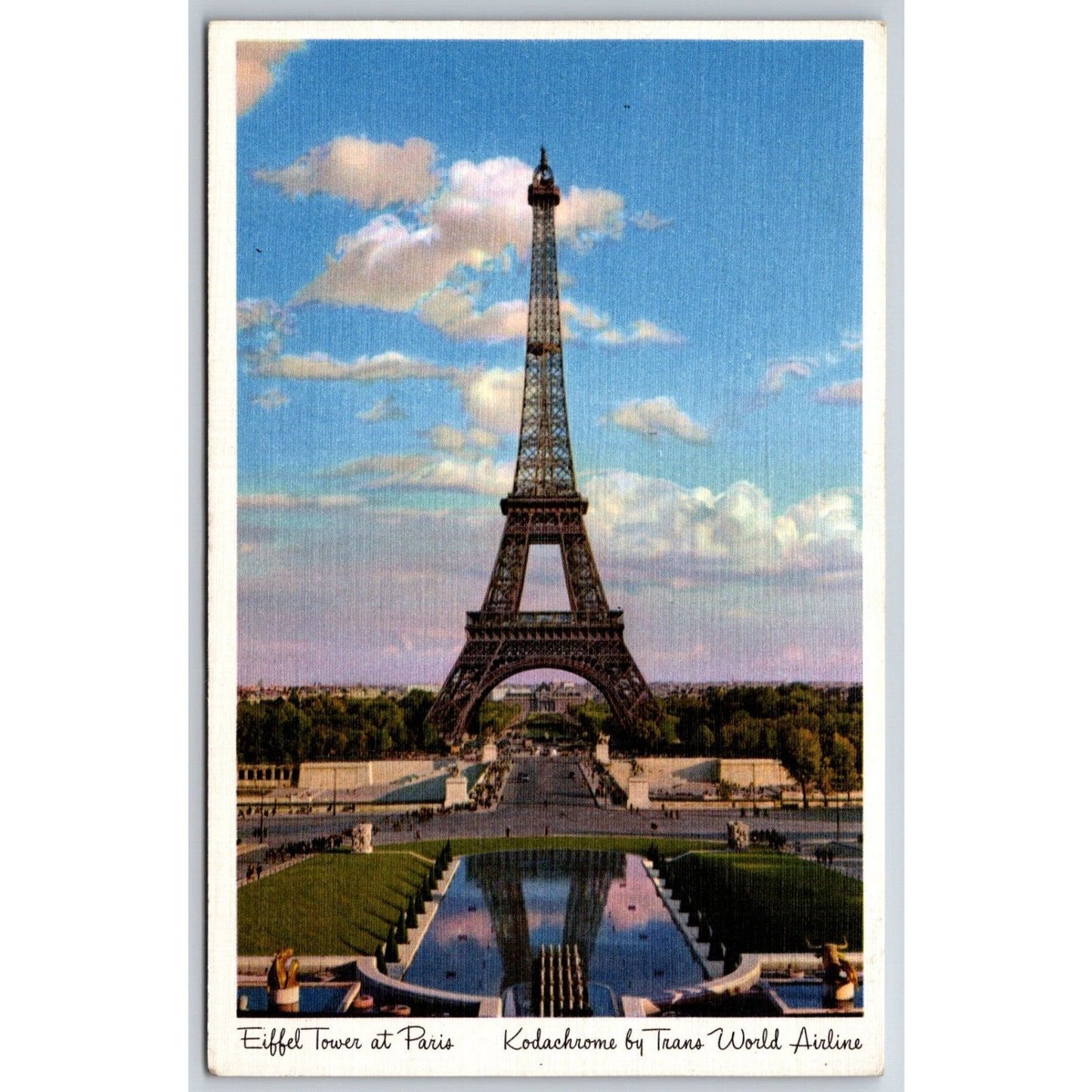 TWA "Eiffel Tower at Paris" Kodachrome Linen Advertising Postcard PM 1948 VGC