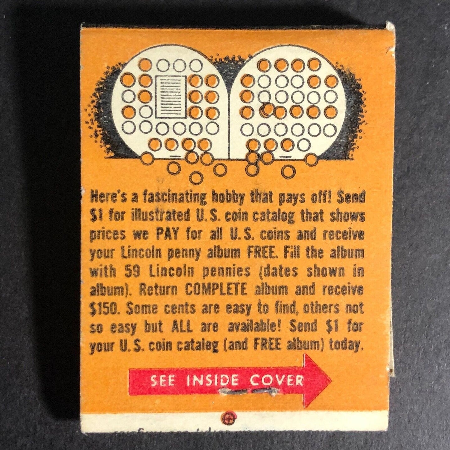 "We Pay $150 for Only 59 Lincoln Pennies" Mail Offer Matchbook c1968-73 VGC