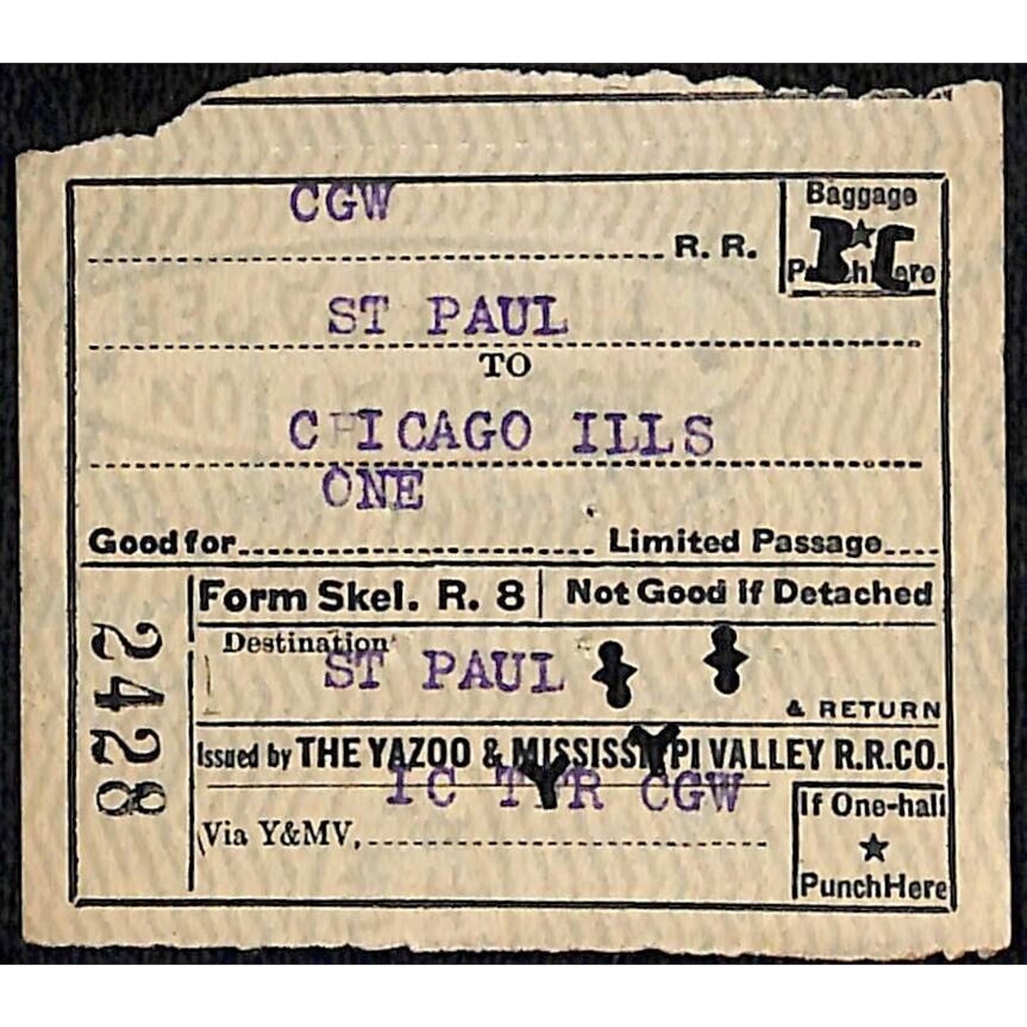 Yazoo & Mississippi Valley Railroad Ticket 1923 Chicago St. Paul #2428