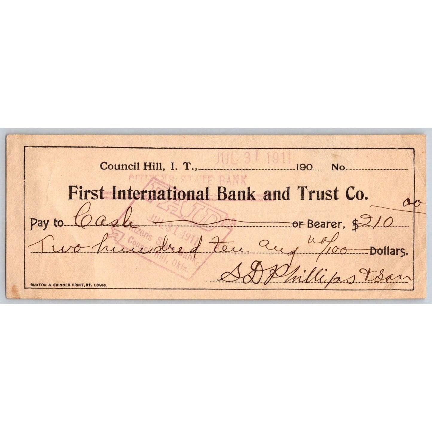 Council Hill, OK Indian Territory* 1910 First International B&T Check - Scarce