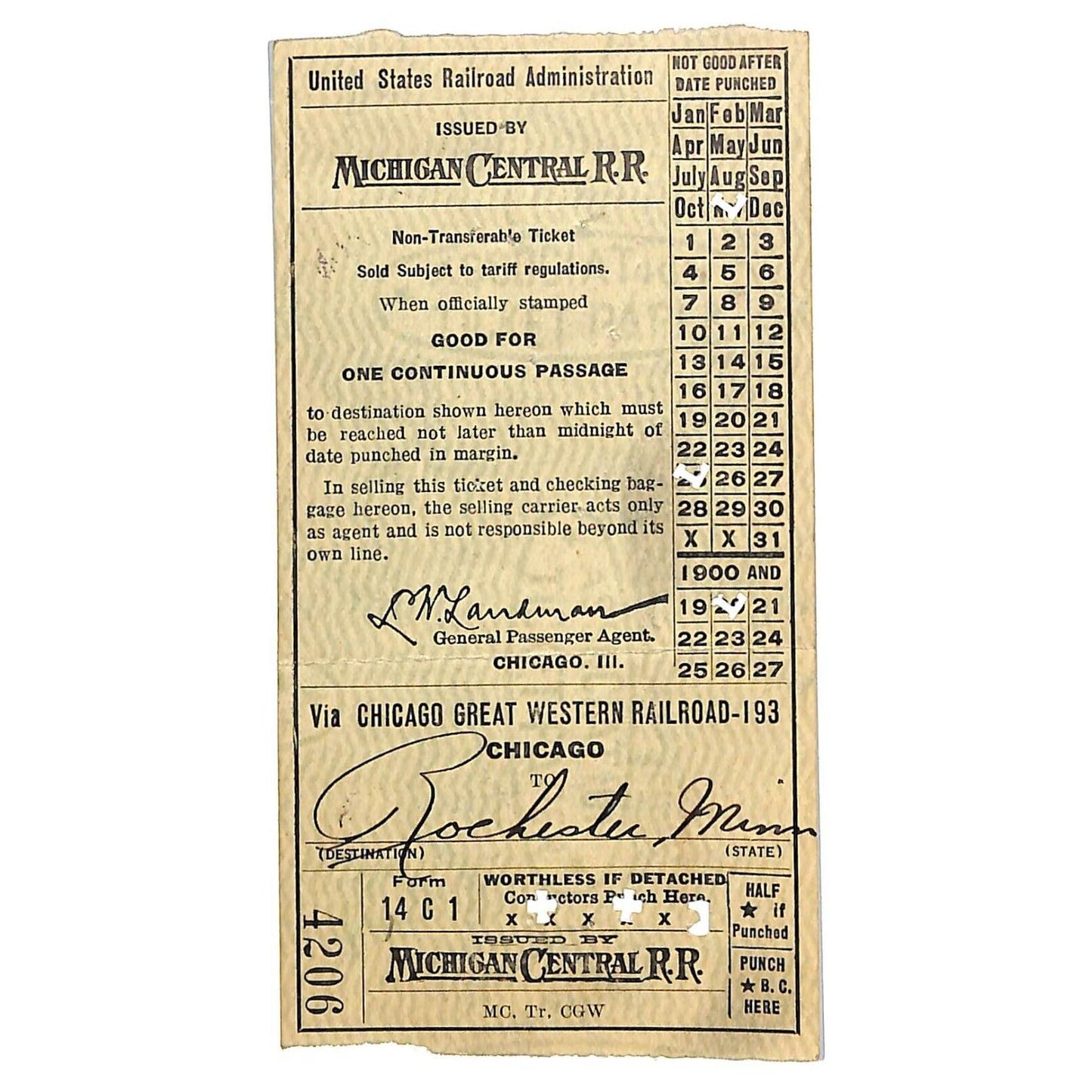 1920 Michigan Central Railroad Ticket Chicago to Rochester, MINN #4206