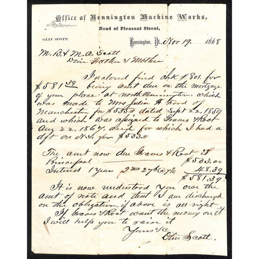 Bennington, VT Olin Scott "Bennington Machine Works" 1868 ALS Letterhead