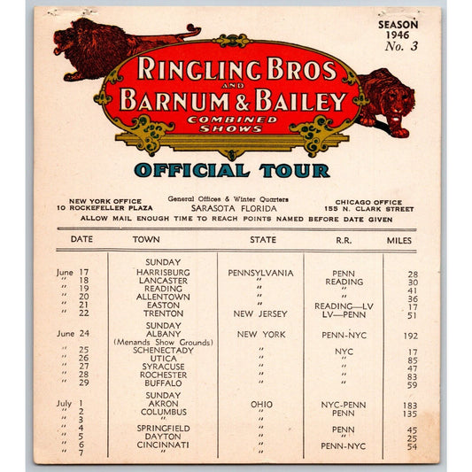 1946 Ringling Bros Barnum Bailey Circus Route Card Harrisburg Lancaster Reading