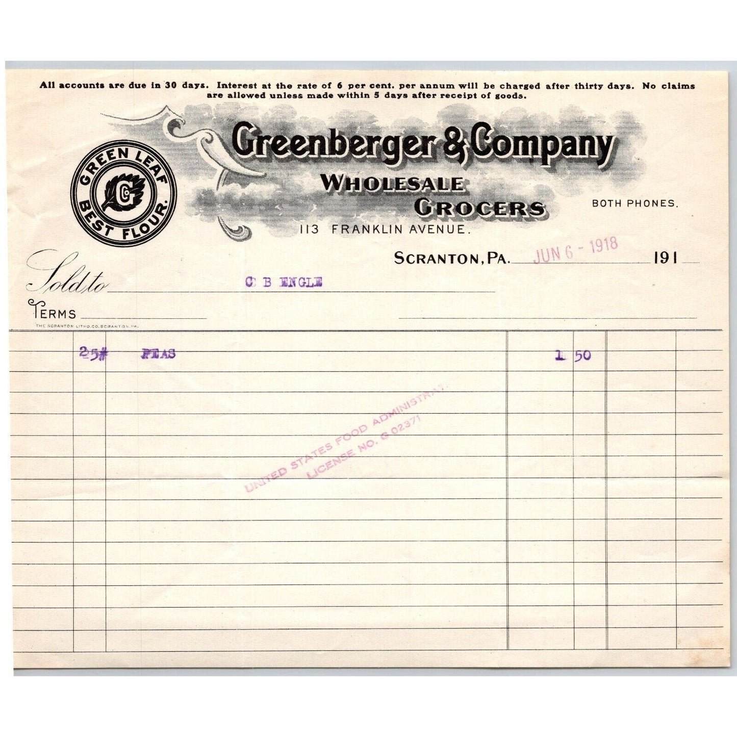 Scranton, PA Greenberger & Co. Grocers 1918 "C.B. Engel" Billhead - Peas