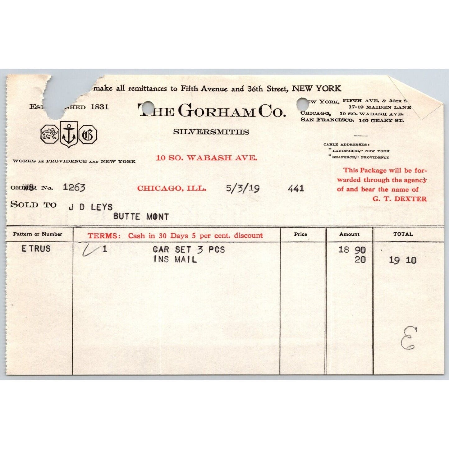 Gorham Silversmiths Chicago "Leys" Jewelers Butte, MT 1919 $19.10 Billhead
