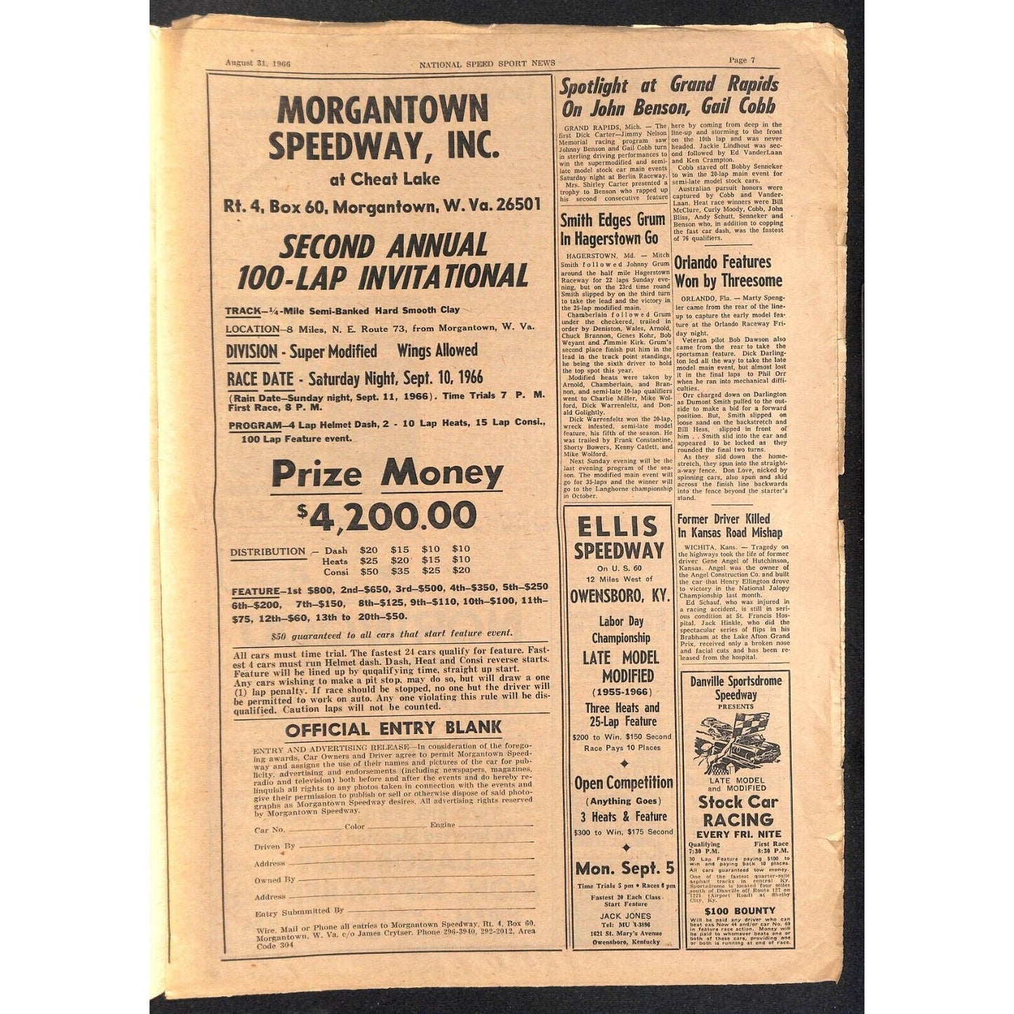 National Speed Sport News 8/31 1966 Andretti Tops USAC Sprinters Racing 27pp VGC
