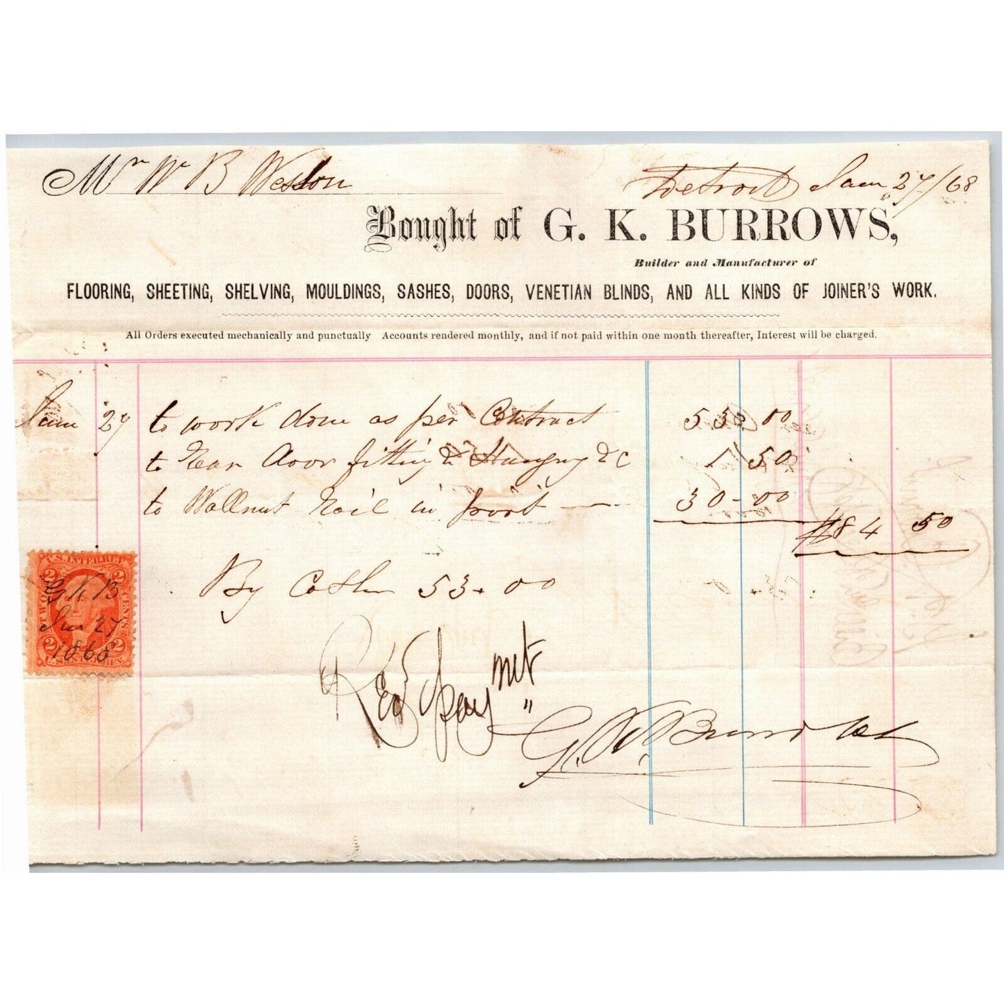 Detroit Letterhead G. K. Burrows - Flooring Sheeting Mouldings 1868 w/ Rev Stamp