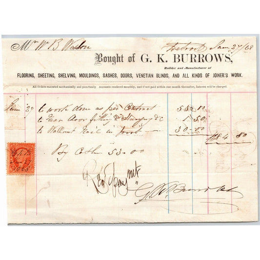 Detroit Letterhead G. K. Burrows - Flooring Sheeting Mouldings 1868 w/ Rev Stamp