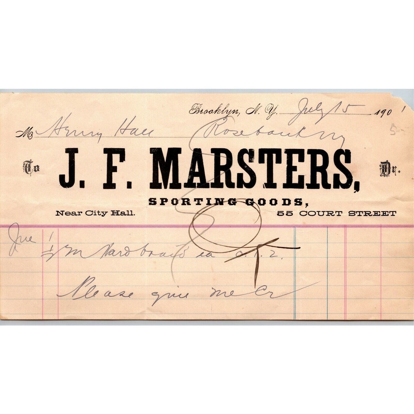 Brooklyn, NY 1901 Letterhead - J.F. Marsters Sporting Goods - Near City Hall