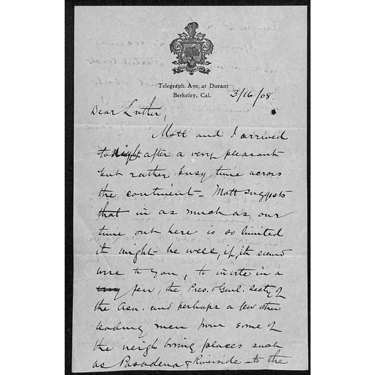 Hotel Carlton Berkley, CA D.E. Luther ? (Los Angeles Y.M.C.A) Stationary 1908