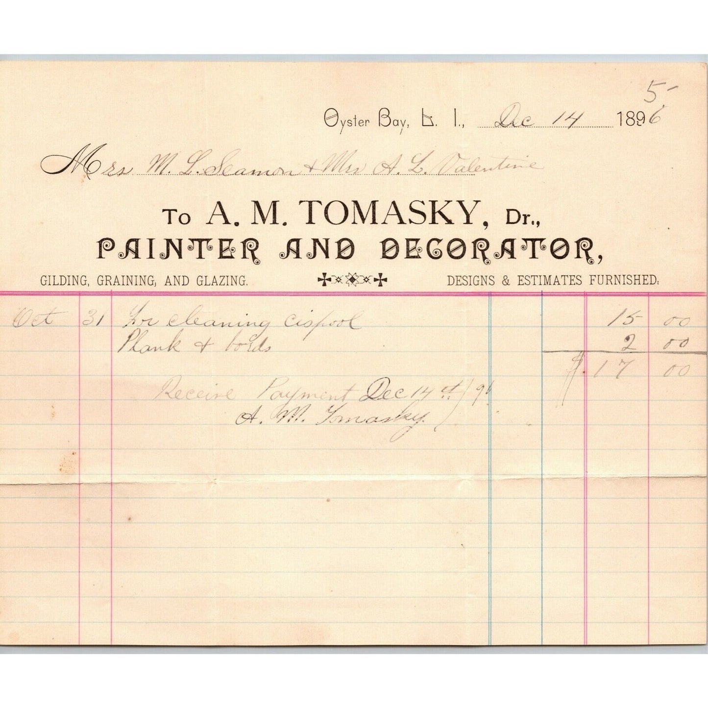 Oyster Bay LI NY Letterhead Billhead 1896 A.M. Tomasky Painter Decorator