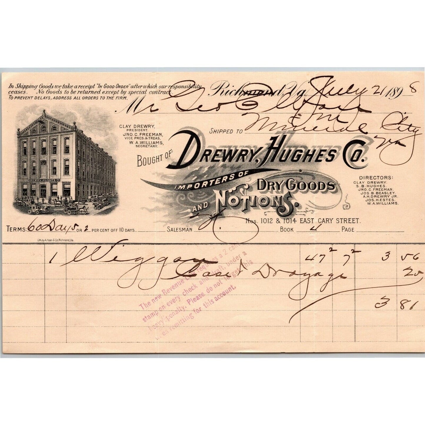 Drewry, Hughes Co. Dry Goods Notions Richmond, VA Letterhead o Geo. E. Wear 1898