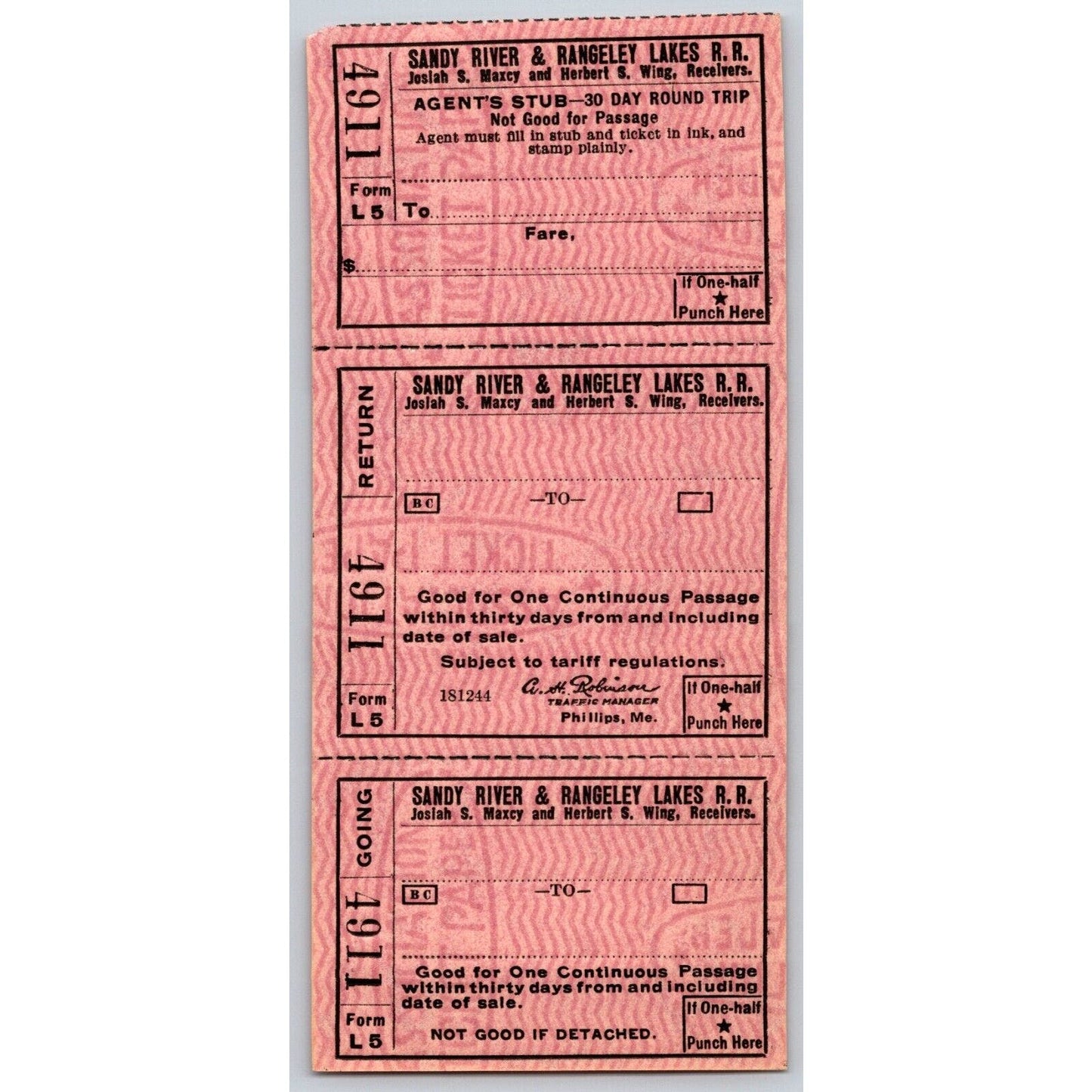 Sandy River & Rangeley Lakes Railroad Unused Write-in Ticket #4911 VGC Scarce