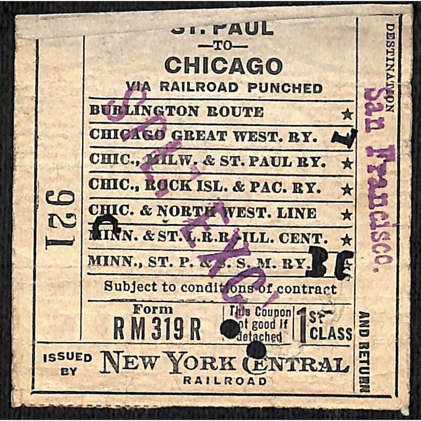New York Central Railroad 1915 Ticket St. Paul to Chicago #921 Special Excursion