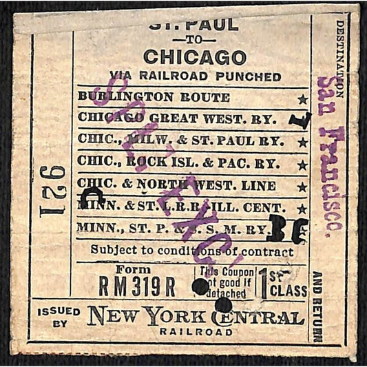 New York Central Railroad 1915 Ticket St. Paul to Chicago #921 Special Excursion