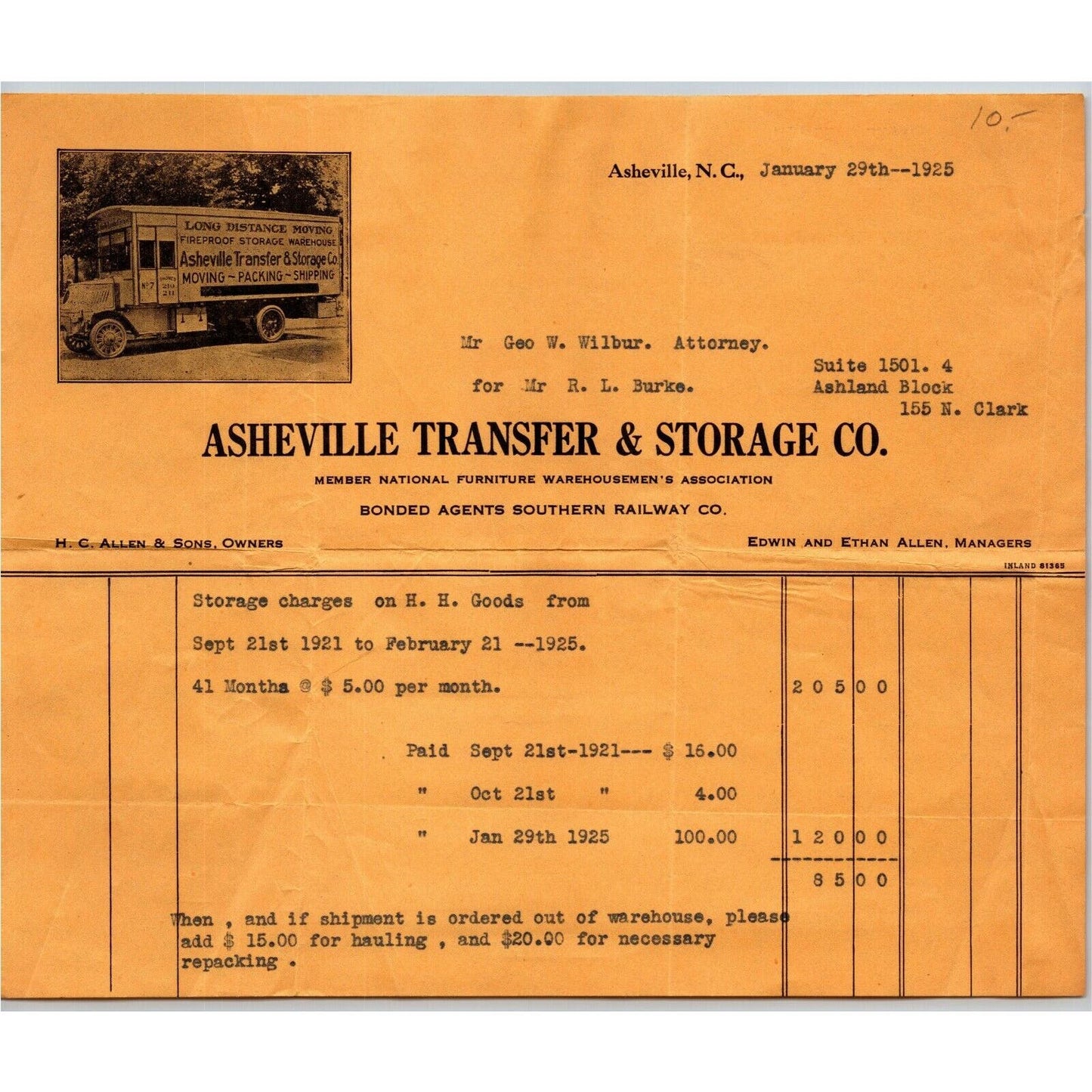 1925 Asheville, NC Letterhead Transfer & Storage Co. Real Photo