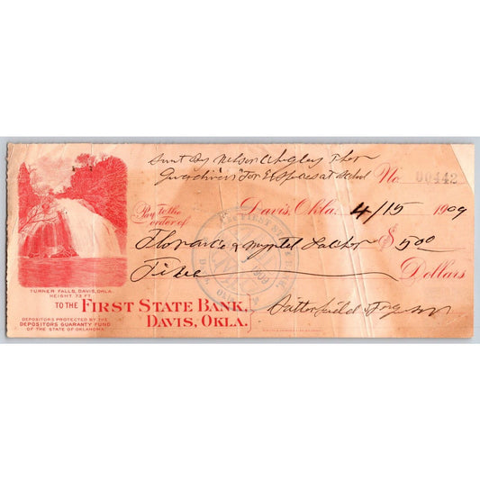 Davis, OK 1909 First State Bank Check w/ Turner Falls Graphic - Scarce