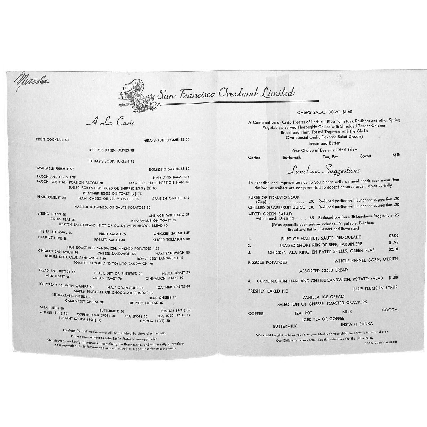 1952 San Francisco Overland Railroad Dining Color Photo Menu Oakland Bay Bridge