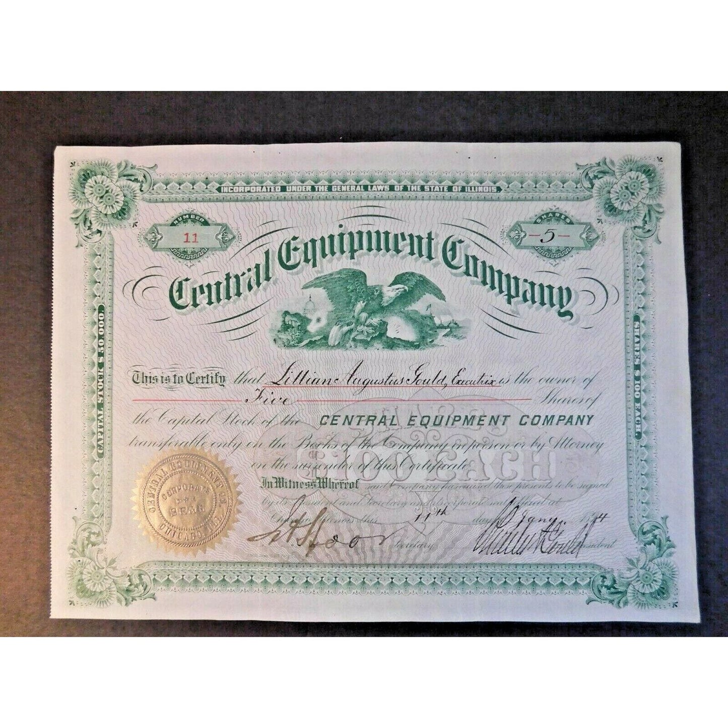 Vintage 1894 Stock Certificate "Central Equipment Company" Green!