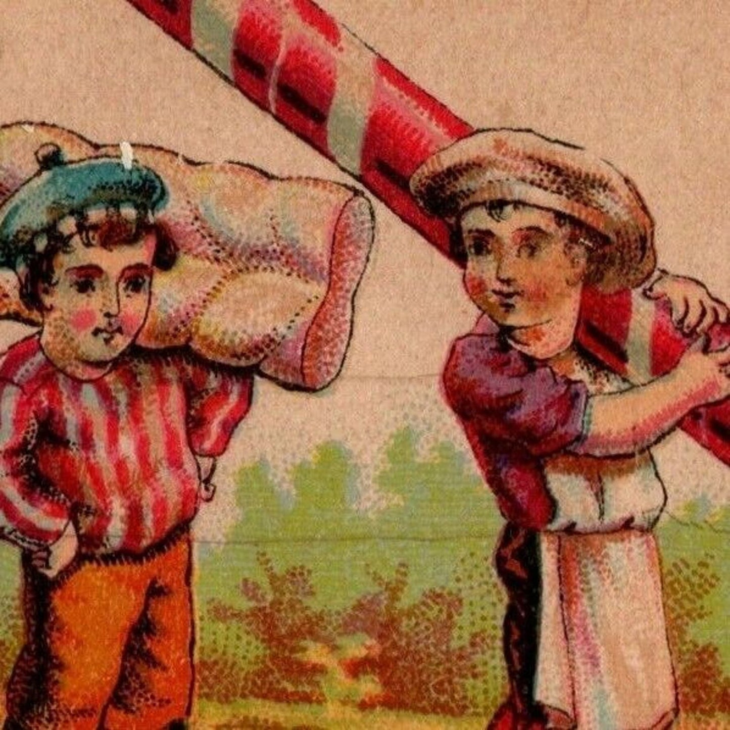 Victorian Trade Card Boys Carry Oversized Candy - Post Office Abington