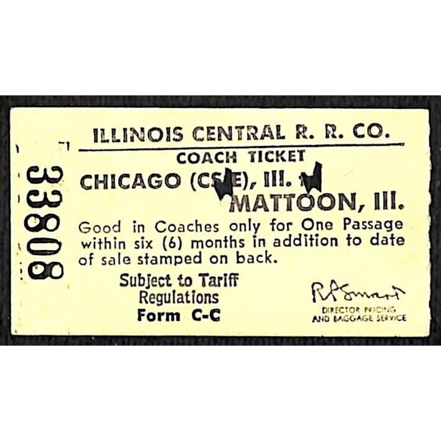 Illinois Central Railroad Ticket Chicago to Mattoon 1971 #33808