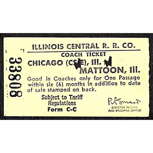 Illinois Central Railroad Ticket Chicago to Mattoon 1971 #33808