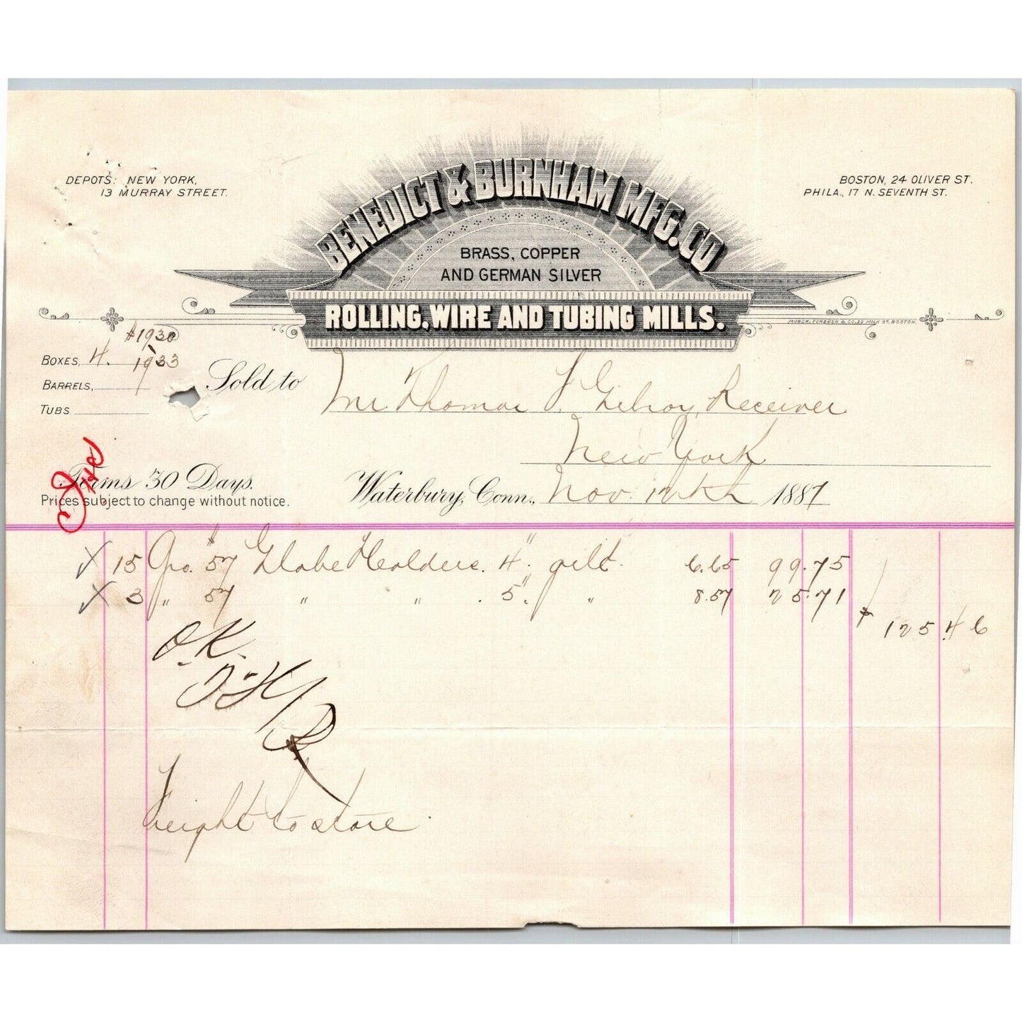 1887 "Benedict & Burnham Mfg. Co" Wire & Tubing Billhead Letterhead Waterbury CT