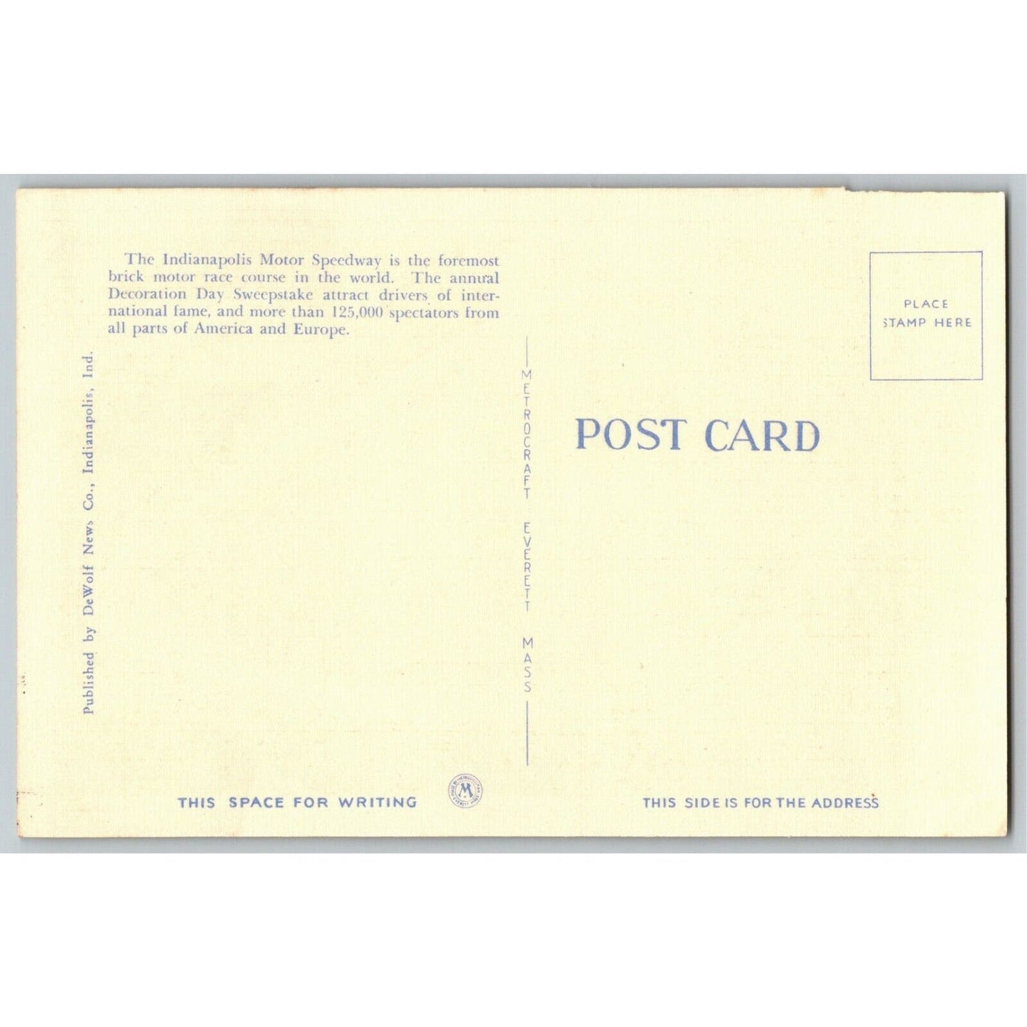 Indy 500 Linen Postcard 1946 "Greatest Automobile Race Course.." (DeWolf News)