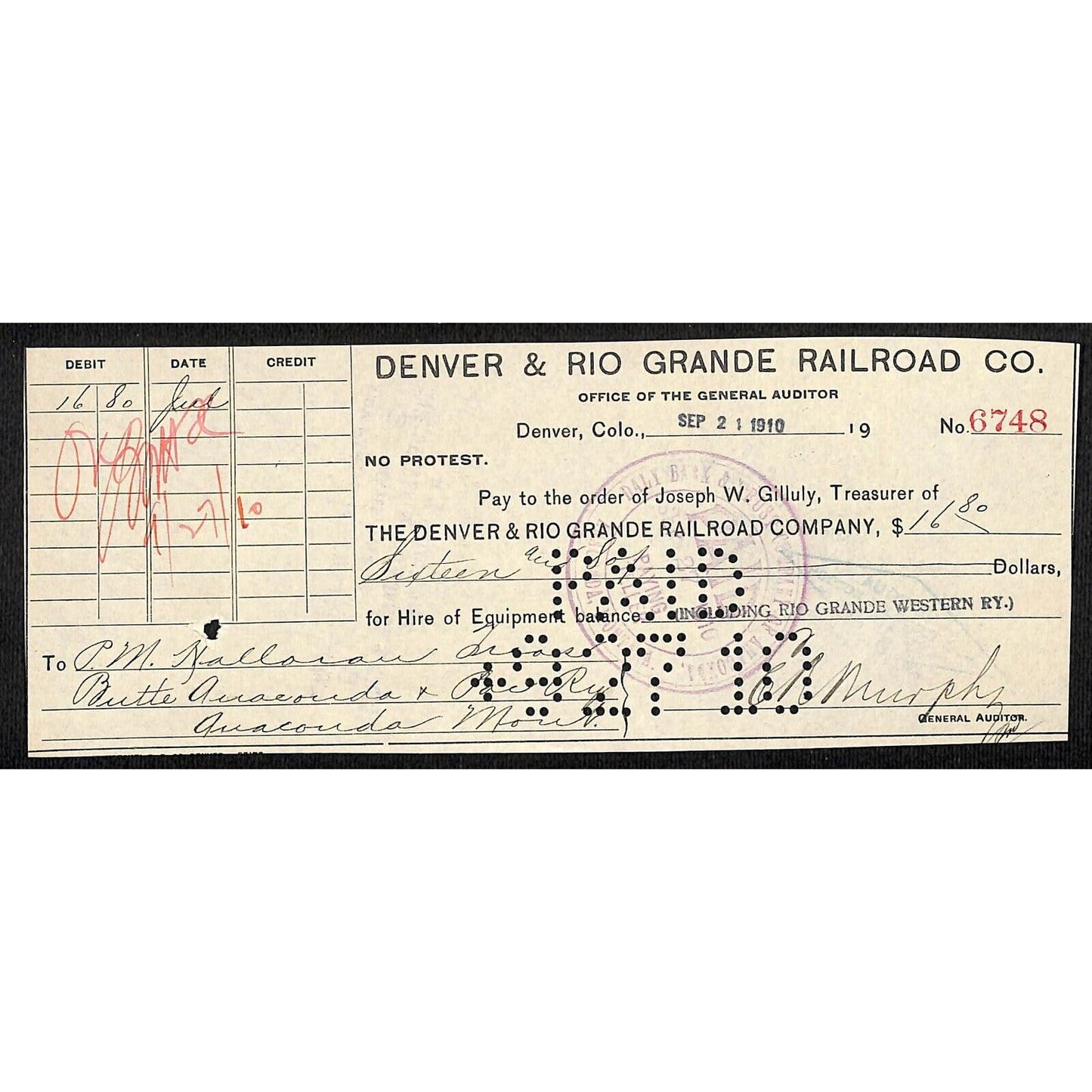 Denver Rio Grande Railroad 1910 Bank Check to Butte, Anaconda & Pacific RR BAP