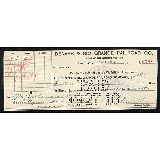 Denver Rio Grande Railroad 1910 Bank Check to Butte, Anaconda & Pacific RR BAP
