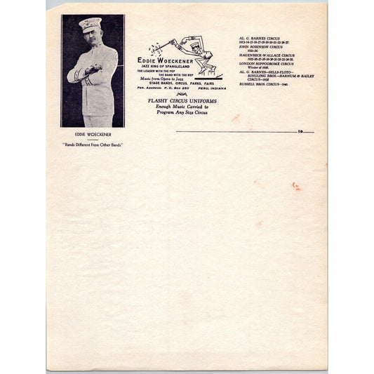 Eddie Woeckener "Jazz King of Spanleland" Band Leader Circus Letterhead c1940