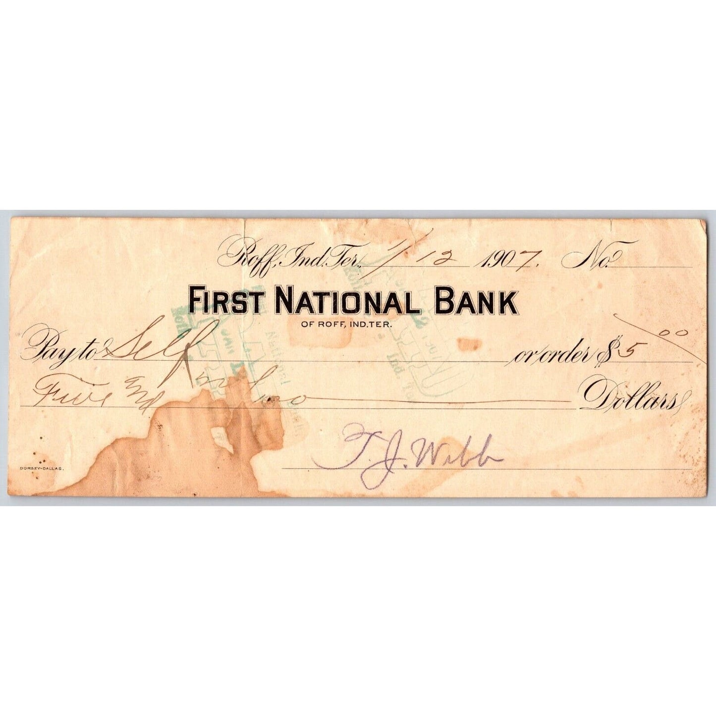 Roff, Indian Territory, Okla. 1907 Bank Check - to "Self" T.J. Webb