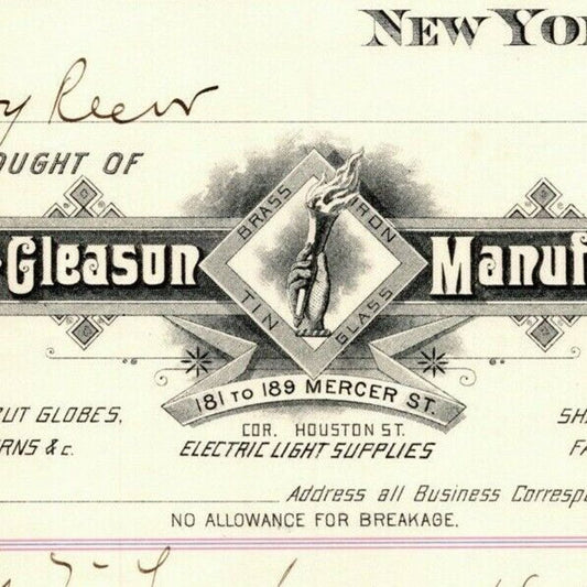 Dec 1887 "E. P. Gleason" Cut Glass Globes Billhead Letterhead Mercer St NYC