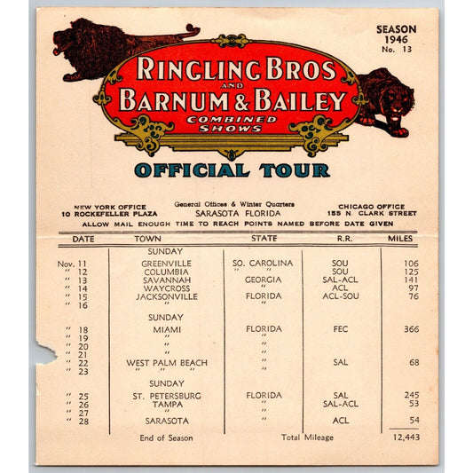 1946 Ringling Bros Barnum Bailey Circus Route Card Greenville Columbia Miami
