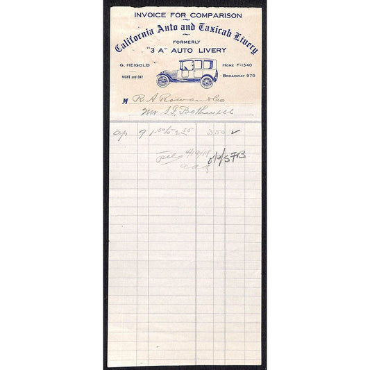 California Auto and Taxicab Livery April 1918 Billhead Letterhead - R.A. Rowan