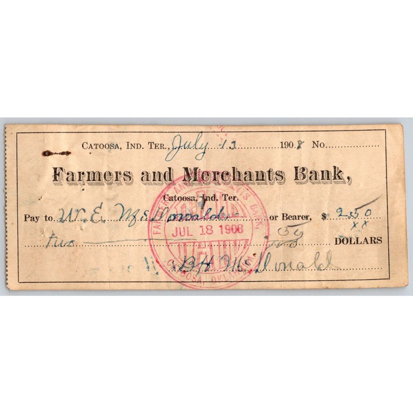 Catoosa, OK 1908 Indian Territory* Farmers Merchants $2.50 Bank Check - Scarce