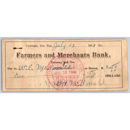 Catoosa, OK 1908 Indian Territory* Farmers Merchants $2.50 Bank Check - Scarce