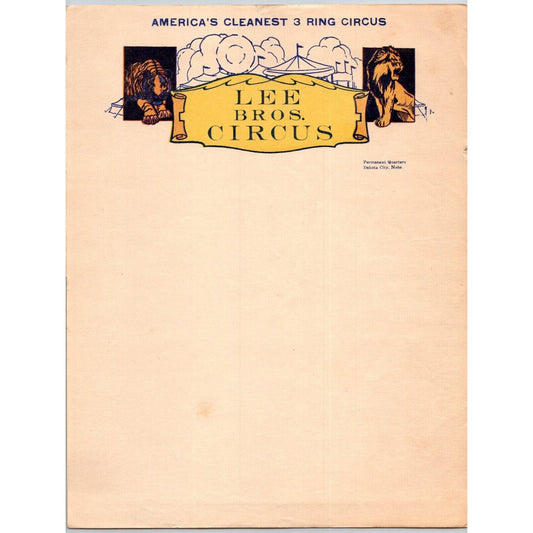 Lee Brothers Circus Letterhead c1934 "America's Cleanest 3 Ring Circus" Scarce