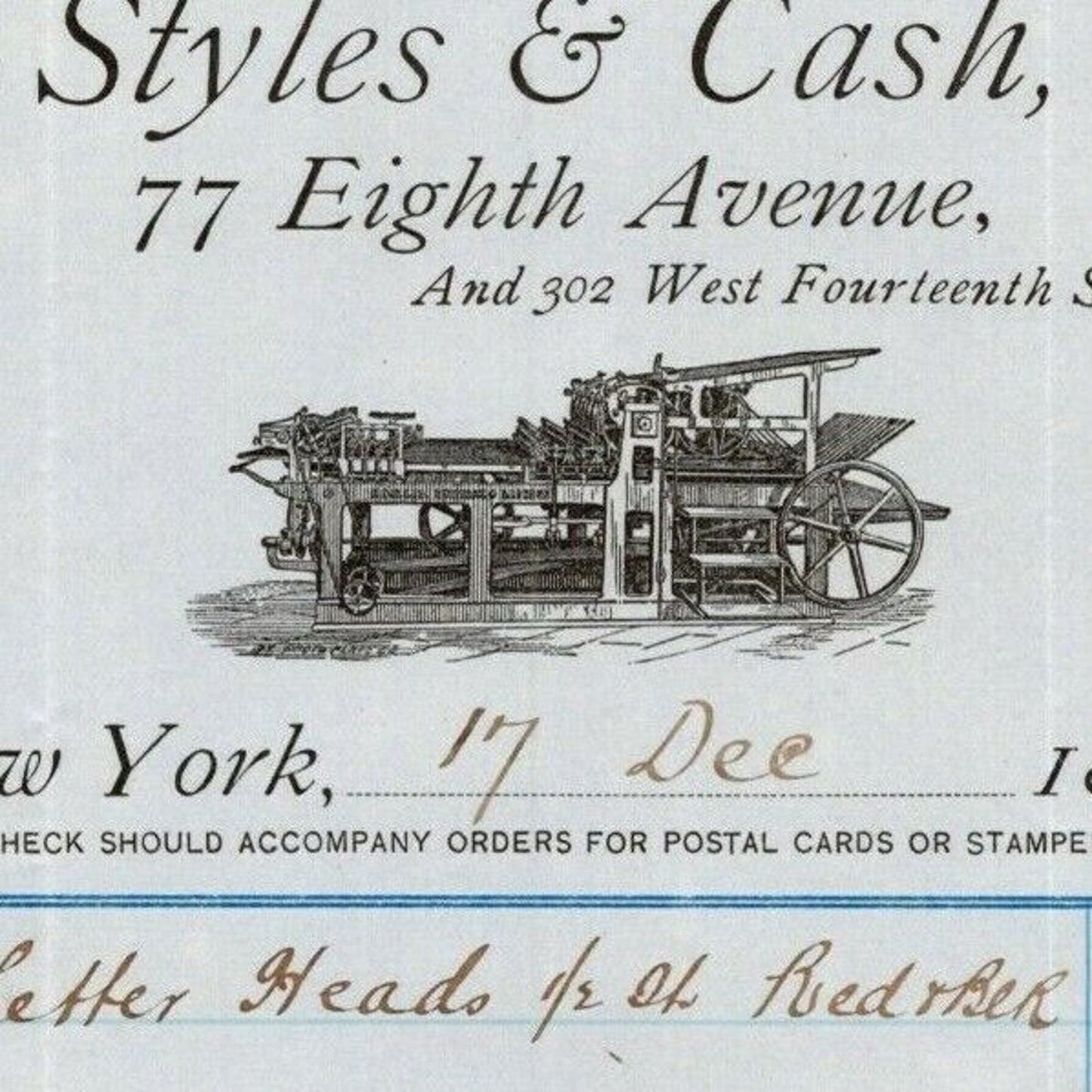 1887 Styles & Cash Book and Job Printers Billhead Letterhead 77 8th Ave NYC
