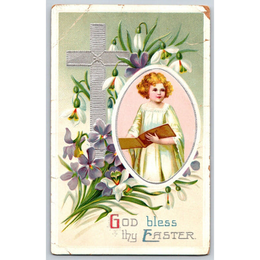 Easter Postcard "God Bless thy Easter" Floral Silver Cross Girl Emb. NP c1915