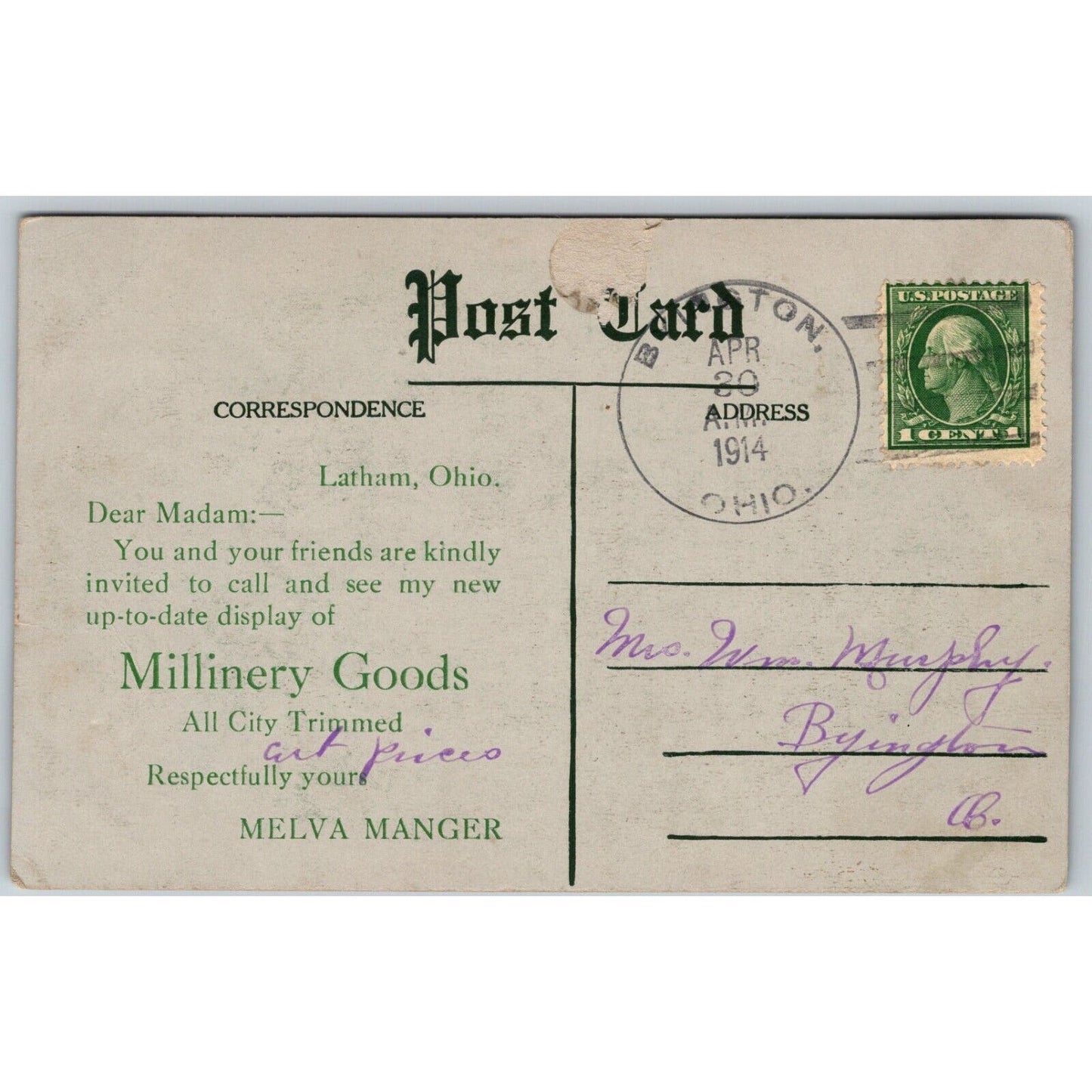 Latham, OH Melva Manger Millinery Goods Advertising Postcard PM 1914
