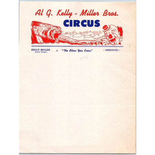 Al G. Kelly - Miller Bros. Circus Letterhead c1945 "The Show You Know" Scarce