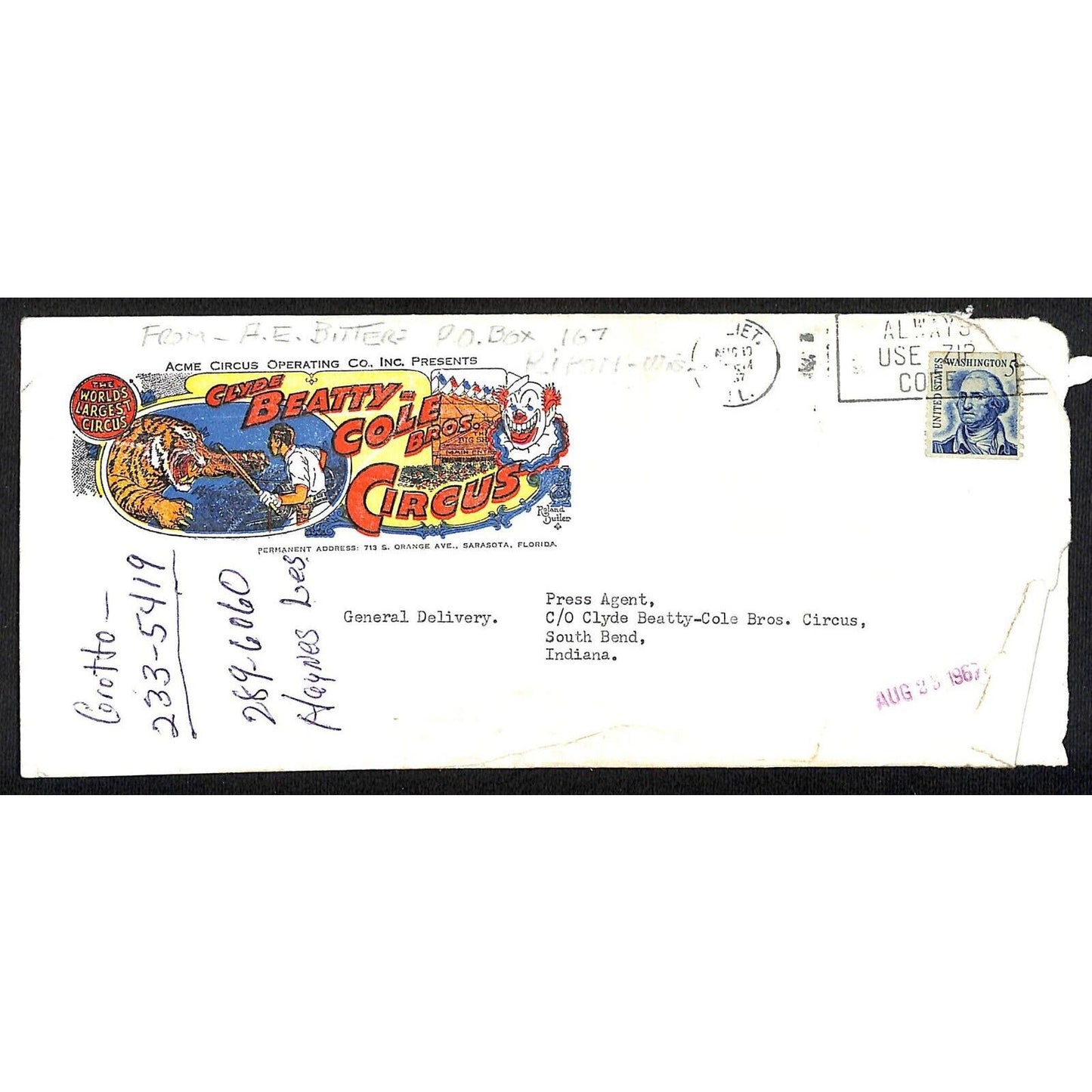 Clyde Beatty Cole Bros. 1967 Cover / Envelope Only South Bend, IN