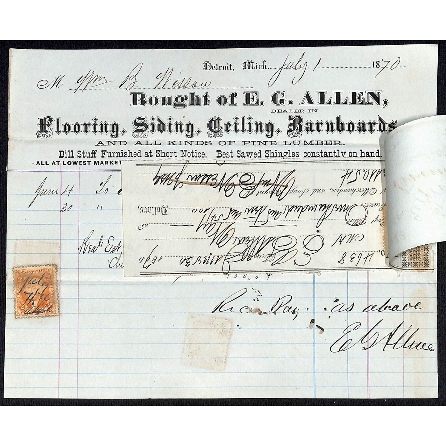 Detroit Letterhead E.G. Allen Flooring Siding Barnboards 1870 w/ 3 Rev Stamps