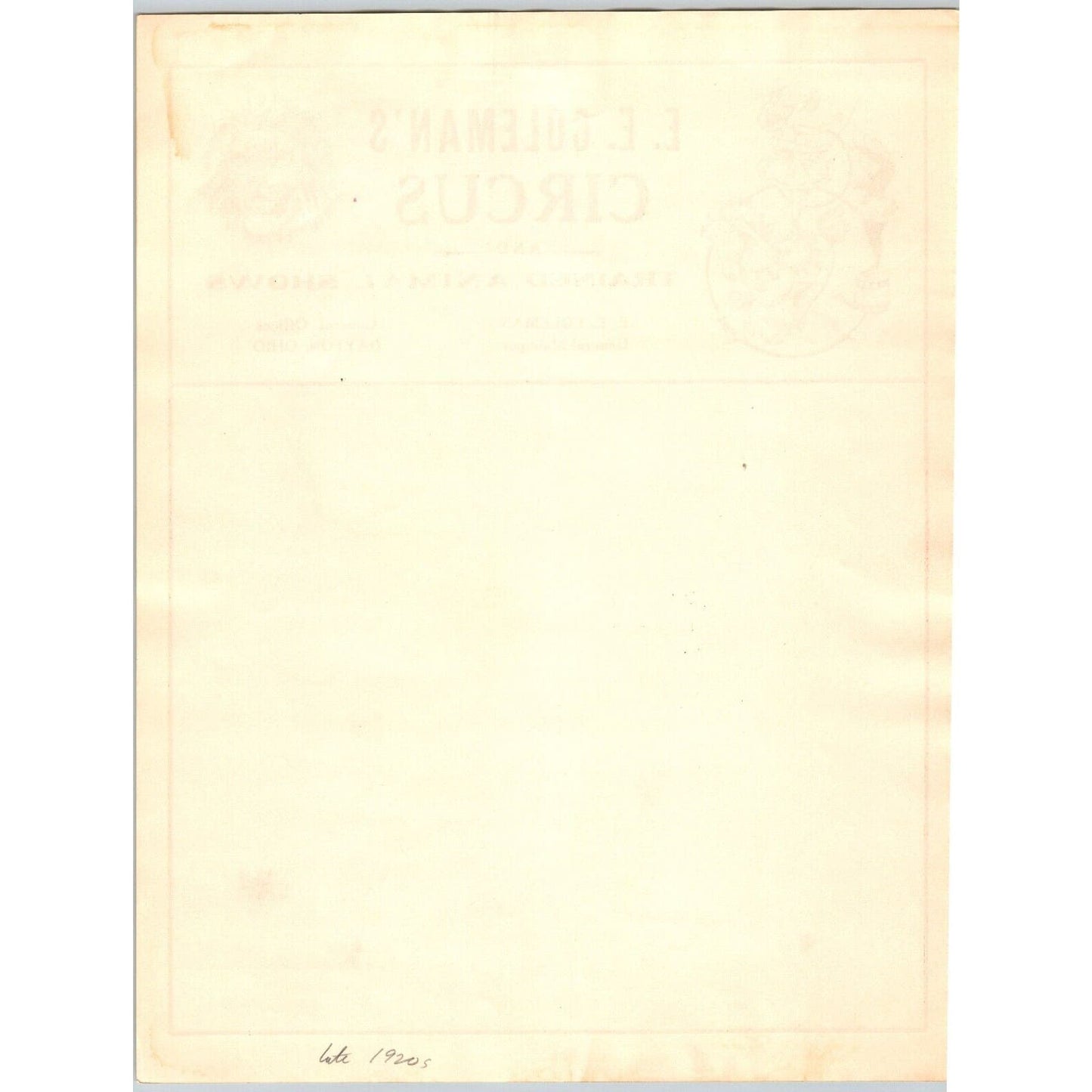 E.E. Coleman's Circus Letterhead c1926-29 Trained Animals Dayton, OH Scarce