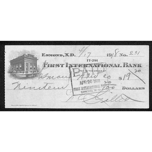 Esmond, ND "First International Bank" Check 1918 w/ Building Vignette $19.20