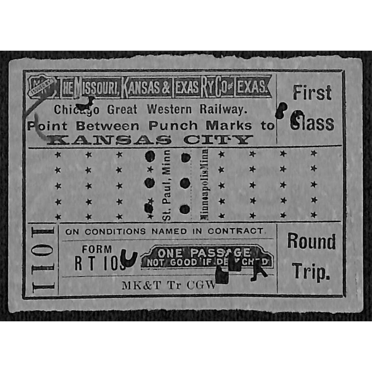 Missouri, Kansas & Texas Railway c1913 Railroad Ticket Kansas City St. Paul 1011