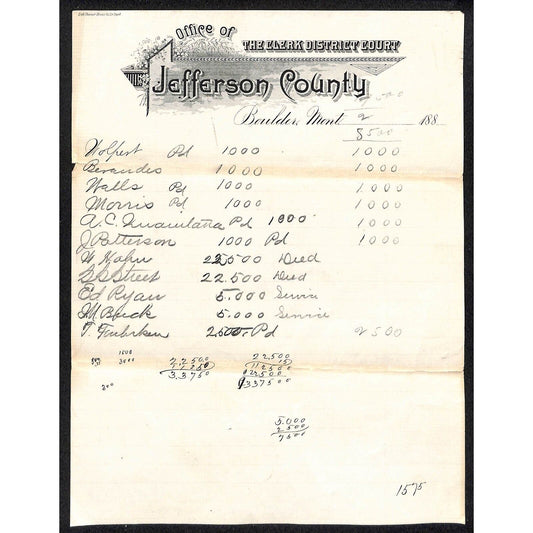 Boulder Montana Jefferson County Clerk District Court 1880's Letterhead