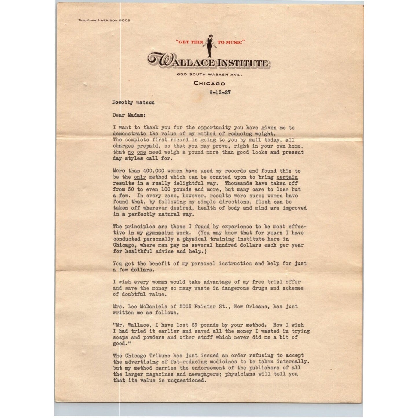 1927 Chicago 2pp. Letterhead Wallace Institute "Get Thin to Music" Weight Loss