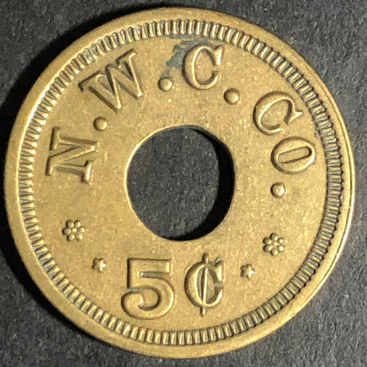 N.W.C. Co. (Seattle - Northwestern Candy Co.) Brass 5c Trade Token 21mm